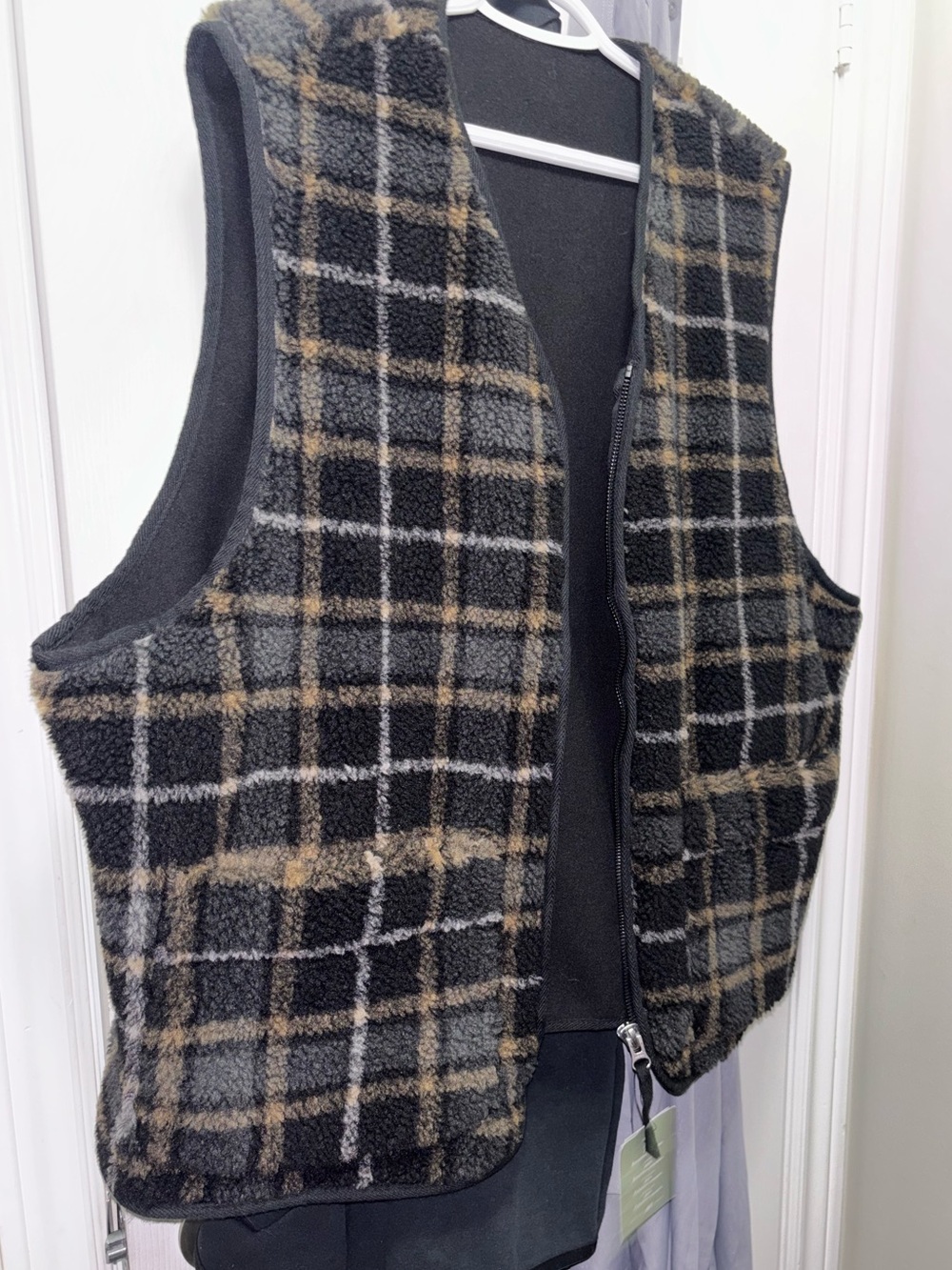 H&M Plaid Sherpa Vest in Black, Gray & Tan